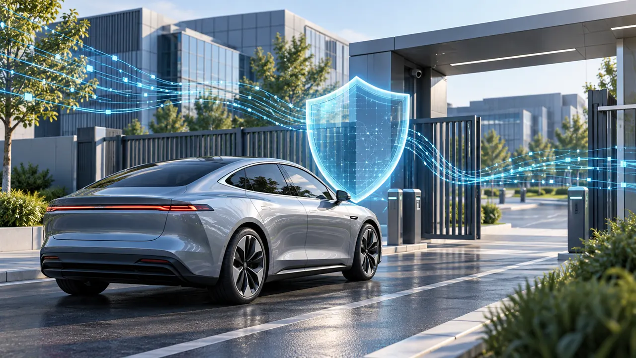 Kampüs girişinde elektrikli otomobil ve dijital güvenlik kalkanı temsili illüstrasyonu